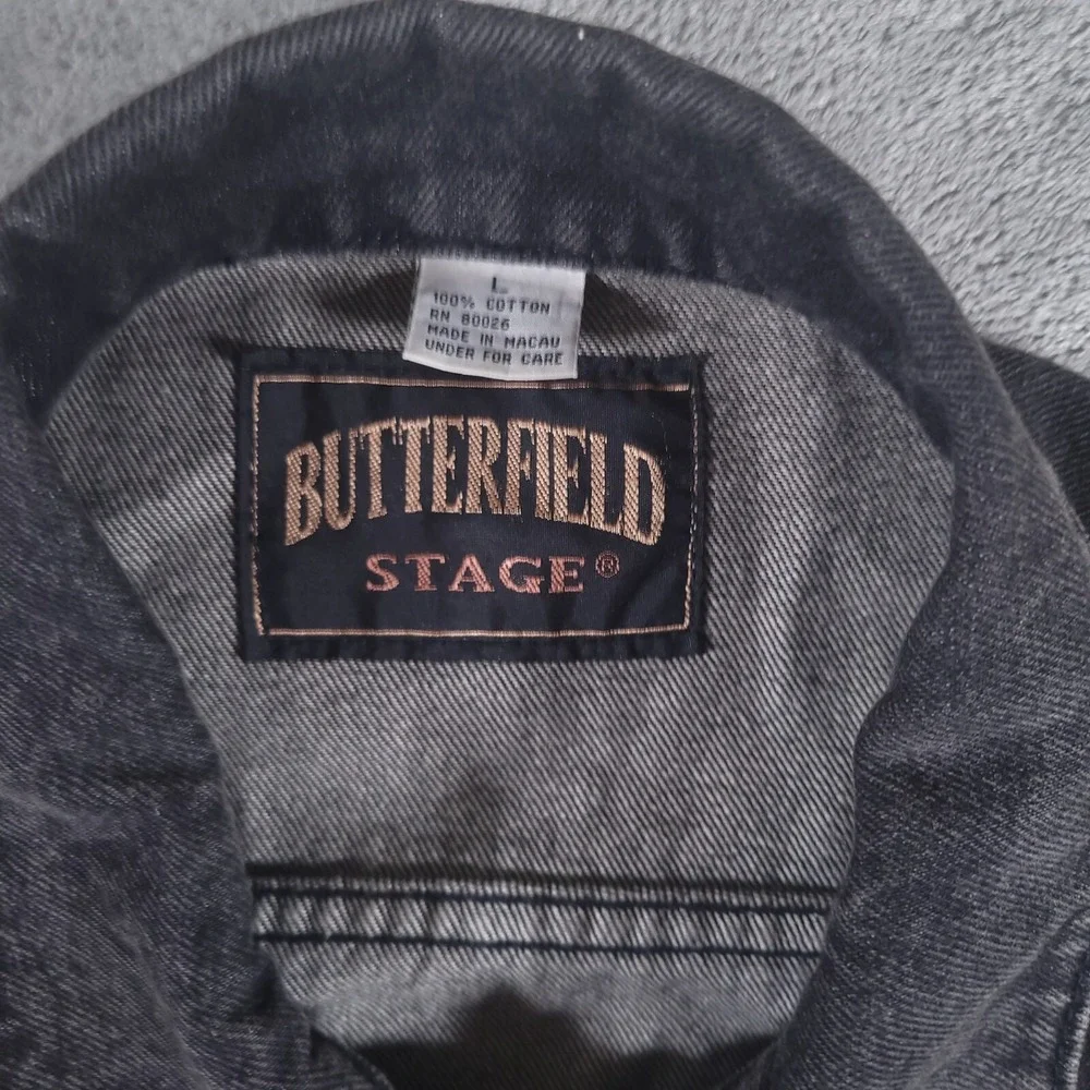 Vintage Butterfield Stage Denim Trucker Vest Mens Large Black Gibson Patch